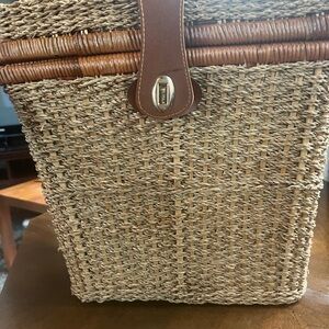Woven Straw Basket with Leather Strap